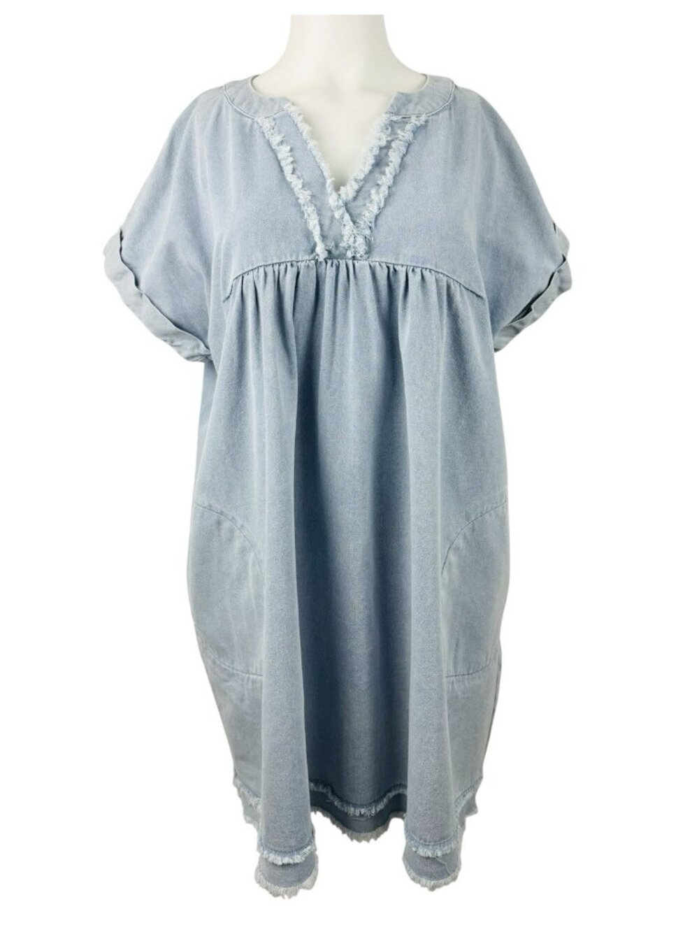 Entro Babydoll Mini Dress S Blue Soft Denim Short Sleeve Pockets